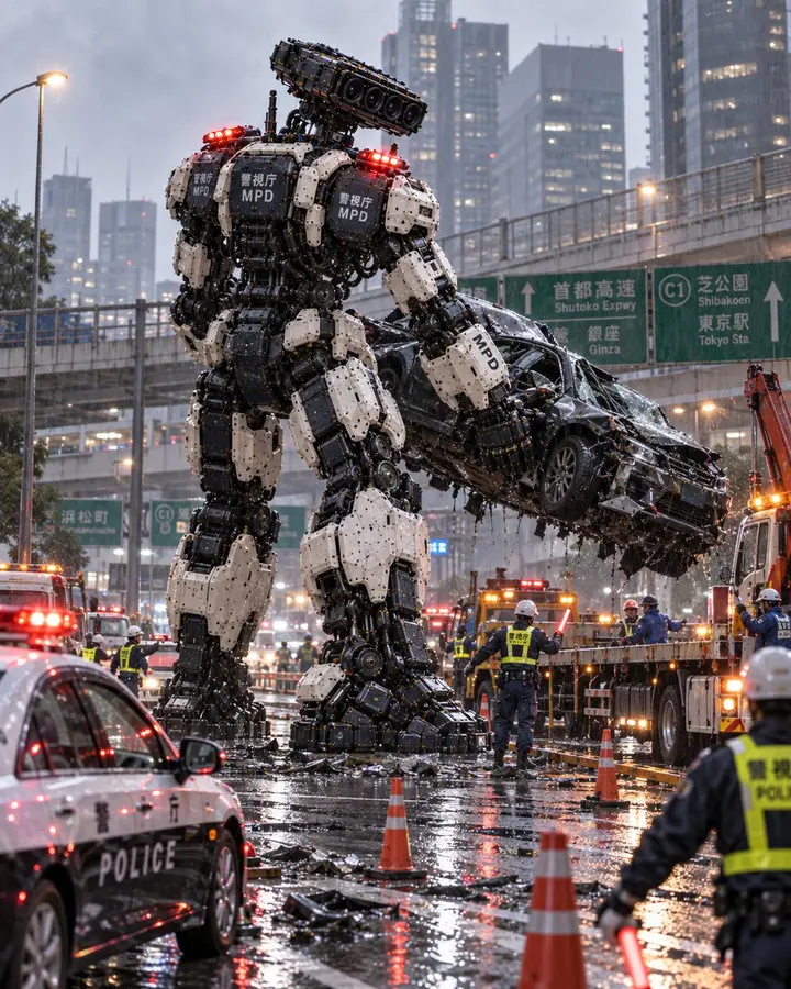 Colossal Police Robot at Dusk